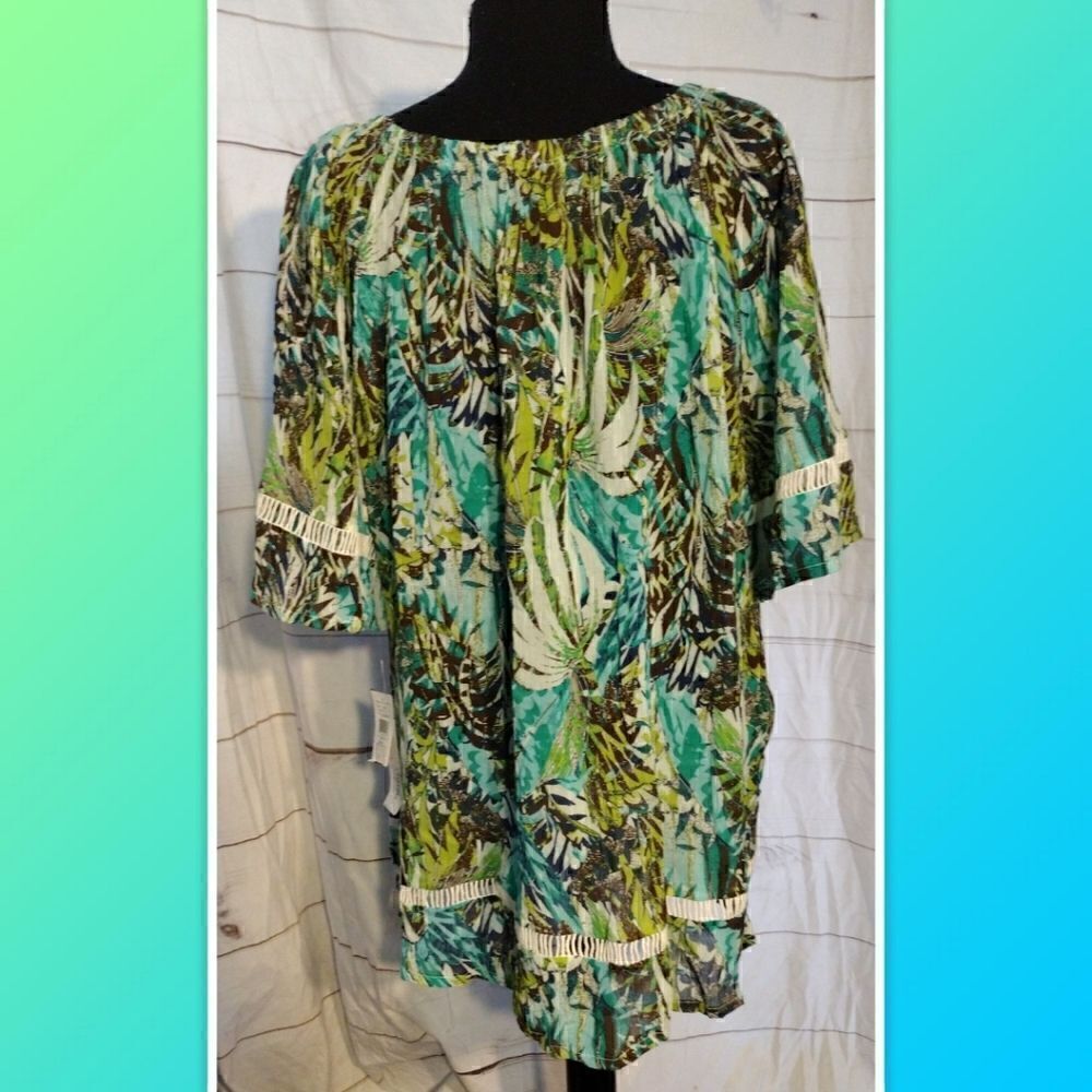 NWT Rebecca Malone Tunic Blouse Sz. 1X Green Multicolor Peasant Boho Style